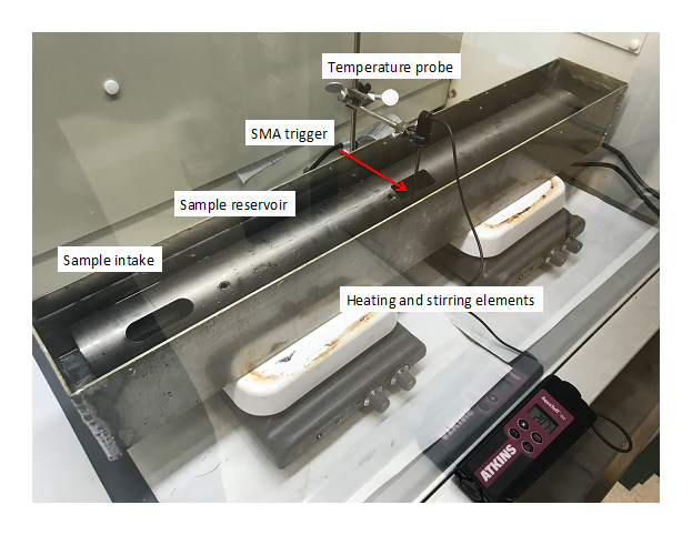 Laboratory setup with labeled equipment components and colored markers for Kitts Marine. image link to story