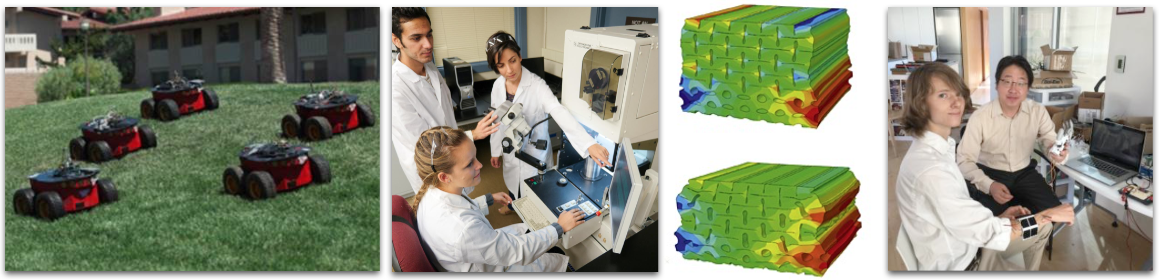 Collage showing robotic cars, scientists in a lab, and color-coded research graphs.