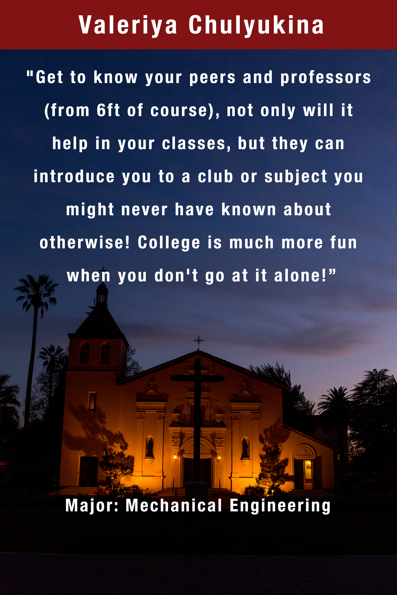 A dark sky with a building lit up, text: 