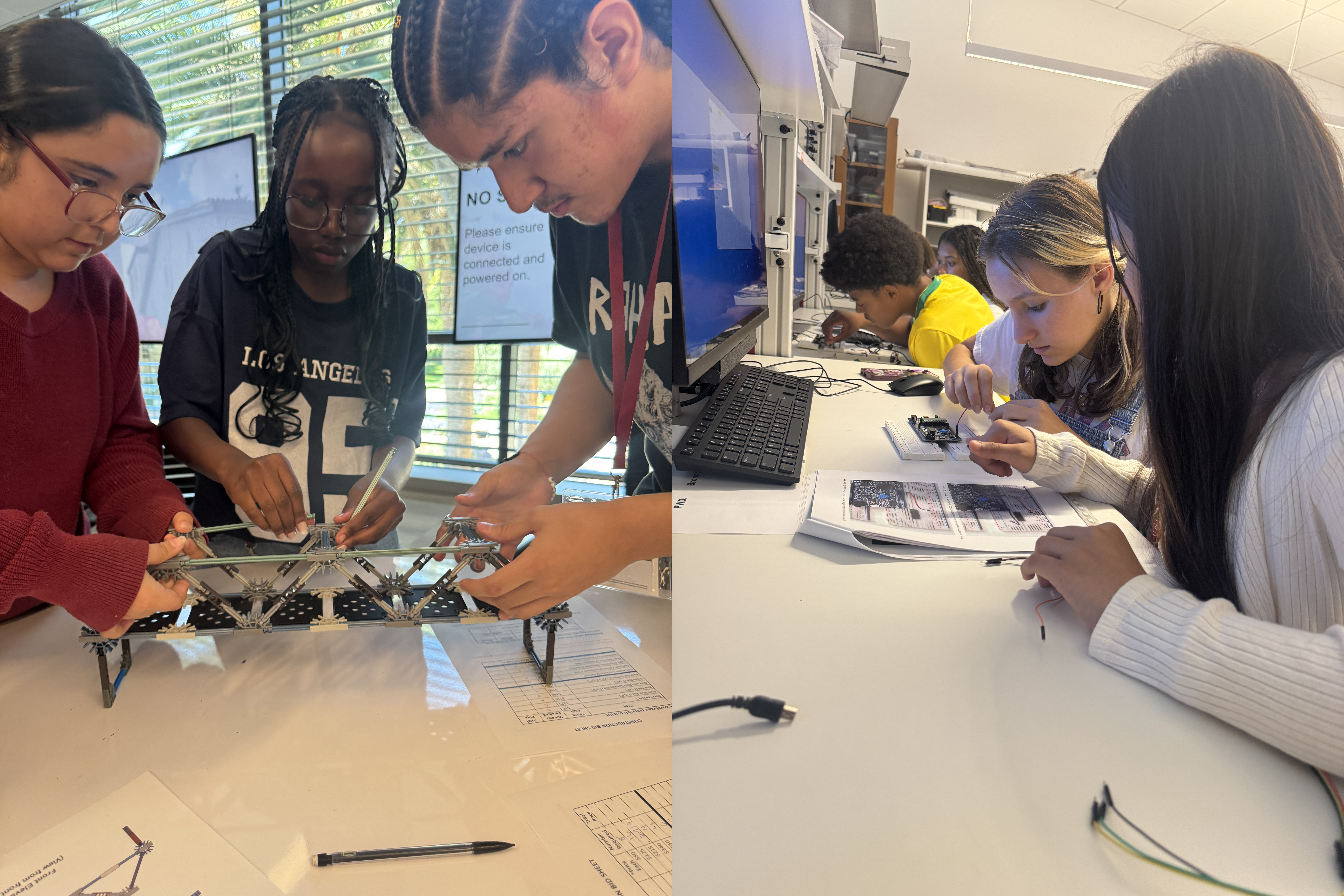 Students working on building a Kinex bridge and wiring a circuit.