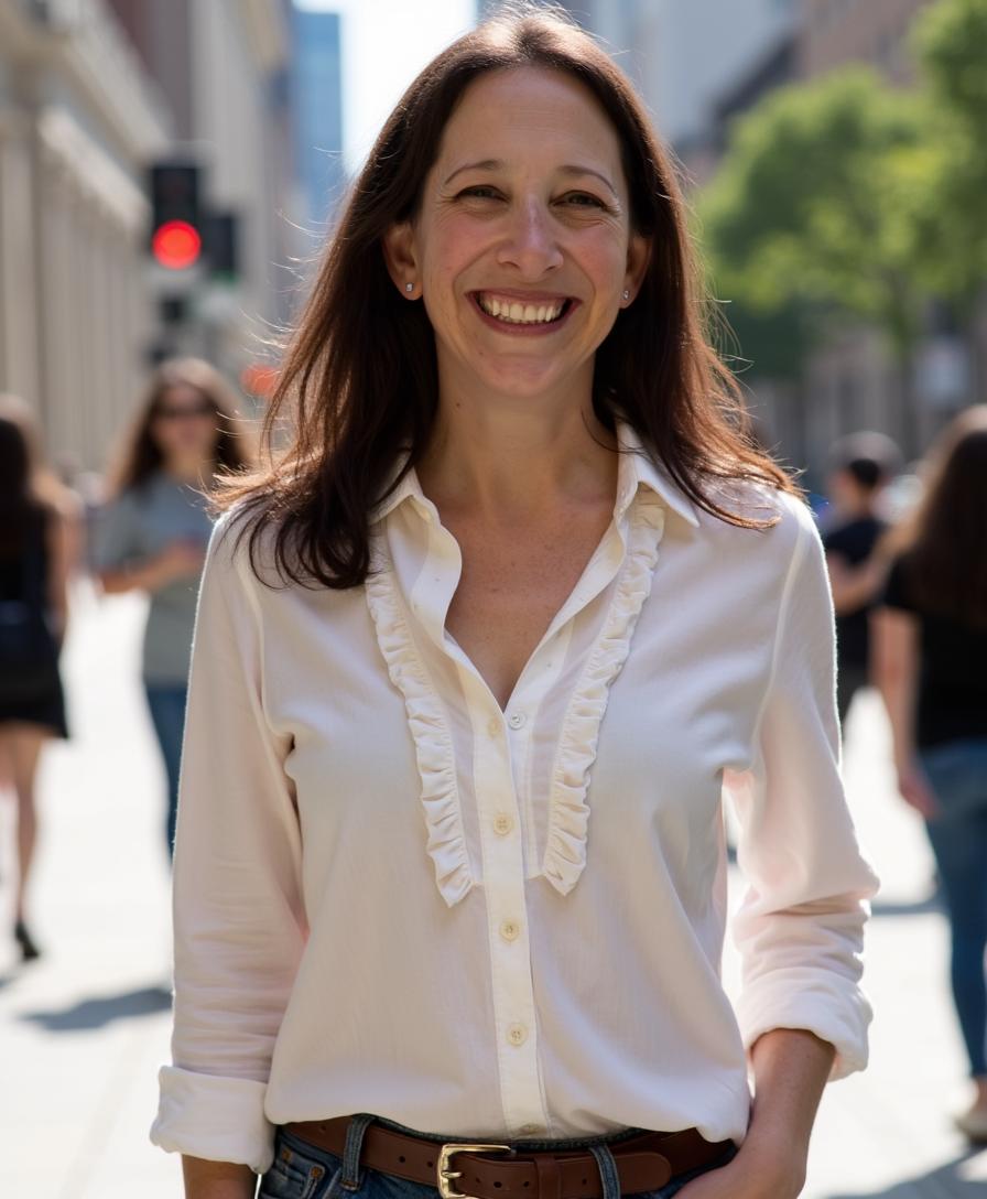 Professor Libby Toub a woman with shoulder length auburn hair wearing a white collared shirt standing on a busy street with people and traffic signs blurred behind her