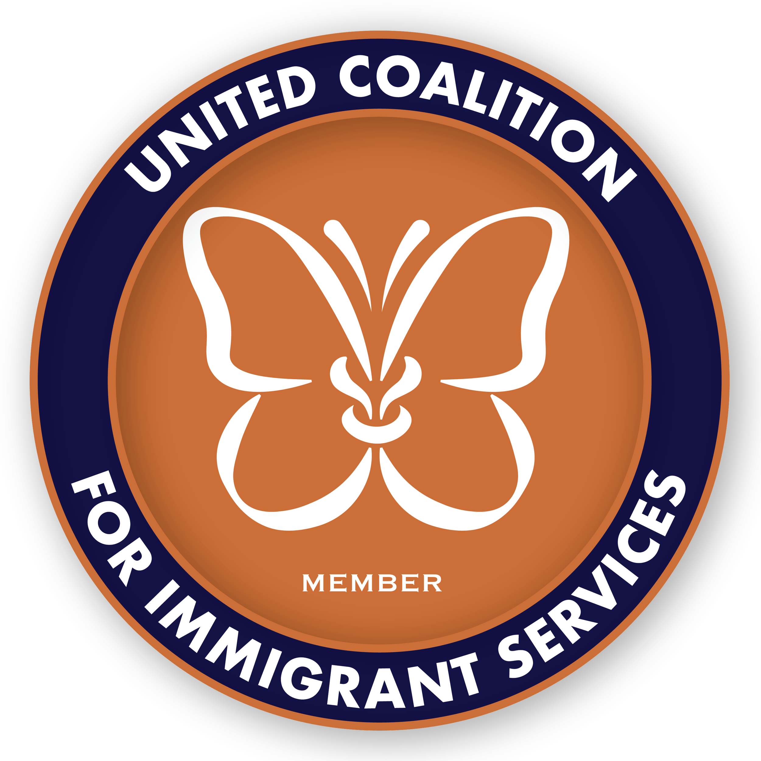 Round logo for United Coalition for Immigrant Services navy blue band around a orange circle with a white butterfly