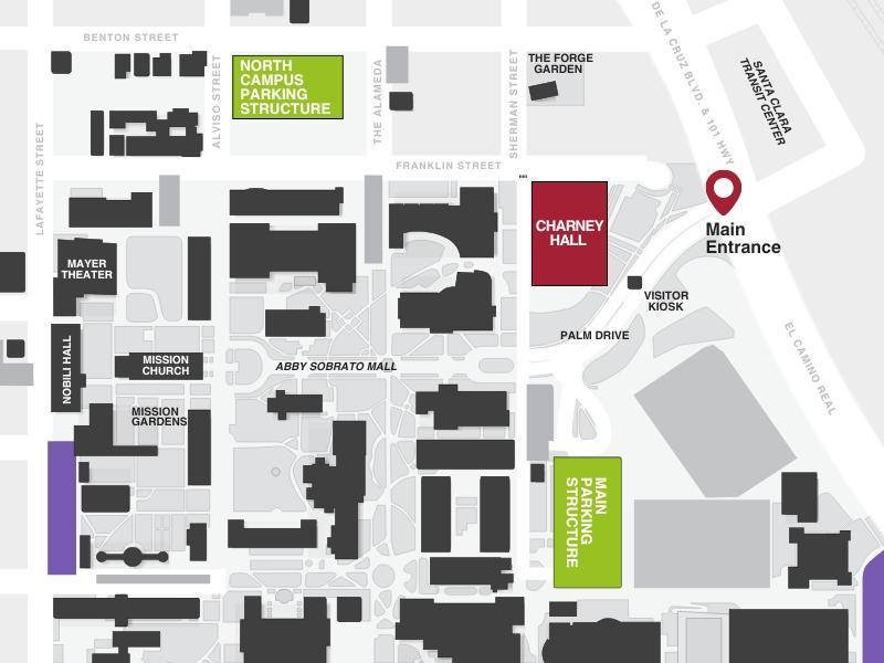 Map of campus with the Main and North Parking Lots highlighted - Map of Main & North Garages Link to file